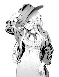 Rule 34 | 10s, 1girl, alternate costume, ascot, breasts, cleavage, coat, cowboy hat, cowboy shot, dress, greyscale, grin, hat, highres, iowa (kancolle), kantai collection, long hair, medium breasts, monochrome, pinakes, smile, solo, star-shaped pupils, star (symbol), symbol-shaped pupils, united states