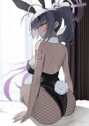 Rule 34 | 1girl, absurdres, ahoge, animal ears, arm support, ass, backless leotard, bare arms, bare back, black curtains, black hair, black halo, black leotard, blue archive, breasts, commentary, curtains, detached collar, ear piercing, english commentary, fake animal ears, fake tail, fishnet pantyhose, fishnets, gradient hair, halo, highleg, highleg leotard, highres, karin (blue archive), karin (bunny) (blue archive), large breasts, leotard, light blush, lkm3862, long hair, looking at viewer, looking back, multicolored hair, nail, number tattoo, official alternate costume, official alternate hairstyle, pantyhose, parted lips, piercing, purple hair, rabbit ears, rabbit tail, shoulder tattoo, sideboob, sidelocks, sitting, solo, strapless, strapless leotard, tail, tattoo, very long hair, window, yellow eyes