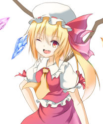 Rule 34 | 1girl, :d, ascot, blonde hair, collar, commentary request, fang, flandre scarlet, frilled shirt, frilled shirt collar, frills, hat, hat ribbon, highres, long hair, mob cap, one eye closed, open mouth, red eyes, red ribbon, red skirt, red vest, ribbon, shirt, simple background, skirt, slit pupils, smile, solo, touhou, tsuri buta, vest, white shirt, wings