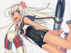 Rule 34 | 10s, 1girl, bad id, bad pixiv id, blonde hair, blue eyes, blush, bubble, crop top, flower, hair flower, hair ornament, kantai collection, lifebuoy, long hair, looking at viewer, mie nabe, one-piece tan, open mouth, ro-500 (kancolle), sailor collar, school swimsuit, smile, solo, swim ring, swimsuit, swimsuit under clothes, tan, tanline, torpedo