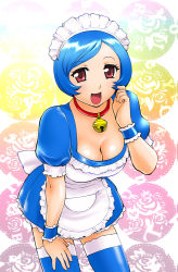 Rule 34 | bell, blue hair, breasts, cleavage, collar, doraemon, doraemon (character), hairband, happy, large breasts, maid, neck bell, red eyes, short hair, solo, thighhighs, ueyama michirou