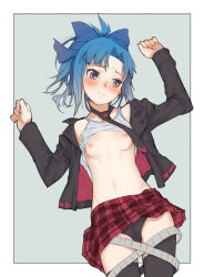 Rule 34 | 1girl, alice gear aegis, black panties, black thighhighs, blue hair, blush, border, bow, branch (blackrabbits), breasts, clothes lift, commentary request, embarrassed, hair bow, high ponytail, highres, jacket, long hair, looking to the side, lying, navel, necktie, open clothes, open jacket, panties, plaid, plaid skirt, ponytail, purple eyes, shirt lift, sidelocks, skirt, small breasts, solo, takanashi rei, tank top, thighhighs, underwear, white border