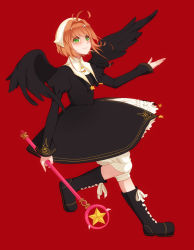 Rule 34 | 1990s (style), 1girl, aji nashi (dress), black dress, black wings, boots, brown hair, cardcaptor sakura, child, cross-laced footwear, dress, frills, full body, green eyes, headdress, holding, hoshi no tsue, kinomoto sakura, lace-up boots, long sleeves, looking up, magical girl, outstretched hand, pants, pants under skirt, puffy sleeves, red background, retro artstyle, short dress, short hair, simple background, skirt, smile, solo, star (symbol), wand, wings