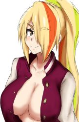 Rule 34 | 10s, 1girl, blonde hair, blush, breasts, cleavage, green hair, hair over one eye, highres, kinkin18, large breasts, light blush, long hair, looking at viewer, multicolored hair, nikaidou saki, no bra, open clothes, orange eyes, orange hair, ponytail, simple background, smile, solo, standing, upper body, white background, zombie, zombie land saga