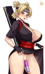 Rule 34 | 1girl, absurdres, areola slip, blonde hair, breasts, cleavage, cleft of venus, clitoris, dildo, female pubic hair, fingerless gloves, gloves, green eyes, headband, highres, huge breasts, jmg, large breasts, looking at viewer, naruto, naruto (series), naruto shippuuden, nipples, pubic hair, pussy, pussy juice, sex toy, smile, solo, temari (naruto), tongue, tongue out, uncensored, white background