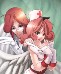 Rule 34 | 2girls, ahoge, angel wings, bad id, bad pixiv id, bare shoulders, counselor lily, doctor, duel monster, glasses, gloves, hat, injection fairy lily, lab coat, multiple girls, nurse, nurse cap, pink hair, red eyes, rotix, smile, wings, yu-gi-oh!, yu-gi-oh! duel monsters