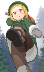 Rule 34 | 1girl, :o, axe, black pantyhose, blonde hair, blush, boots, brown eyes, dress, fate/grand order, fate (series), female focus, from below, green dress, hat, highres, nature, open mouth, outdoors, pantyhose, paul bunyan (fate), salamander (hop-step), short hair, solo, tree