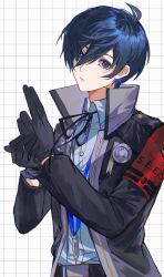 Rule 34 | 1boy, adjusting clothes, adjusting gloves, armband, belt, black gloves, black jacket, black ribbon, blue eyes, blue hair, checkered background, collared shirt, dark blue hair, digital media player, earphones, gloves, hair between eyes, hashtag-only commentary, highres, jacket, long sleeves, looking at viewer, male focus, miko 66, neck ribbon, open clothes, open jacket, parted lips, persona, persona 3, persona 3 reload, popped collar, red armband, ribbon, s.e.e.s, shirt, short hair, solo, upper body, white shirt, yuuki makoto (persona 3)
