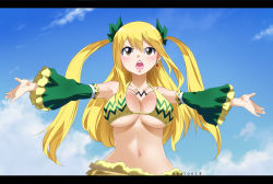 Rule 34 | 1girl, artist name, bare shoulders, bikini, bikini top only, blonde hair, blue sky, blush, bra, breasts, brown eyes, chest tattoo, cleavage, cloud, collarbone, detached sleeves, determined, dress, earrings, facing viewer, fairy tail, frilled sleeves, frills, gaston18, green ribbon, hair ribbon, jewelry, large breasts, long hair, looking ahead, lucy heartfilia, midriff, navel, open mouth, outdoors, outstretched arms, ribbon, serious, skirt, sky, solo, standing, swimsuit, tattoo, teeth, tongue, twintails, underboob, underwear