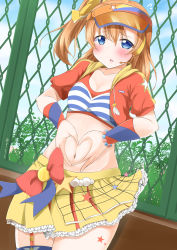 Rule 34 | 1girl, absurdres, asakawa-san (8107ka), blue eyes, blue sky, blush, bow, breasts, bridal garter, chain-link fence, cleavage, clothing request, cloud, collarbone, commentary request, cowboy shot, cropped jacket, day, detached sleeves, drawstring, fence, flying sweatdrops, groin, hair between eyes, hair bow, hair ornament, headset, heart, heart hands, highres, hood, hood down, hooded jacket, jacket, kosaka honoka, looking at viewer, love live!, love live! school idol project, medium breasts, midriff, navel, one side up, open clothes, open jacket, orange hair, outdoors, parted lips, red jacket, sidelocks, single thighhigh, skirt, sky, solo, sports bra, standing, stomach, thighhighs, twitter username, visor cap, yellow bow, yellow skirt