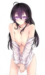 Rule 34 | 1girl, ahoge, antenna hair, bad id, bad pixiv id, beifeng han, black hair, blush, breasts, cleavage, glowing, hair between eyes, highres, large breasts, long hair, looking at viewer, miyaura sanshio, navel, open mouth, original, purple eyes, revision, simple background, solo, thighs, undressing, white background