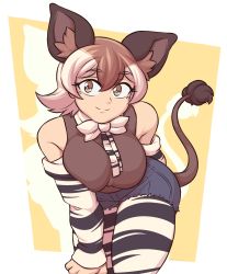 Rule 34 | 1girl, animal ears, animal print, arm behind back, bare shoulders, bow, bowtie, breasts, brown eyes, brown hair, closed mouth, commentary, cutoffs, denim, denim shorts, detached sleeves, english commentary, extra ears, grey hair, hair between eyes, highres, kemono friends, large breasts, leaning forward, looking at viewer, medium hair, multicolored hair, necktie, okapi (kemono friends), okapi ears, okapi tail, pantyhose, pantyhose under shorts, print pantyhose, print sleeves, shorts, smile, solo, tail, two-tone hair, unaligned breasts, vibrantrida
