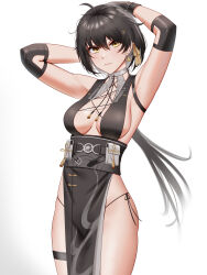 Rule 34 | 1girl, absurdres, ahoge, anoreika tomoe, armpits, arms up, bare shoulders, black dress, black hair, breasts, commentary, cowboy shot, dress, female rover (wuthering waves), gradient background, grey background, hair ornament, hairclip, highres, looking at viewer, medium breasts, pelvic curtain, pouch, rover (wuthering waves), sleeveless, sleeveless dress, solo, thighs, white background, wuthering waves