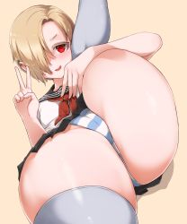 Rule 34 | 1girl, aki (sangetusei), ass, black sailor collar, black skirt, blonde hair, blue panties, blush, breasts, cameltoe, cleft of venus, commentary, ear piercing, earrings, grey thighhighs, hair over one eye, highres, idolmaster, idolmaster cinderella girls, jewelry, leg up, lying, miniskirt, neckerchief, on back, open mouth, panties, piercing, pleated skirt, red eyes, red neckerchief, sailor collar, shirasaka koume, shirt, short hair, short sleeves, simple background, skirt, small breasts, smile, striped clothes, striped panties, thick thighs, thighhighs, thighs, underwear, v, white shirt, yellow background