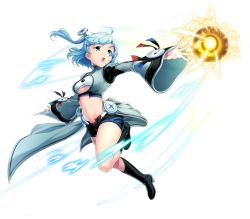 Rule 34 | 1girl, black footwear, black shorts, blue eyes, blue hair, breasts, creatures (company), electricity, full body, game freak, gen 1 pokemon, hakka (88hk88), looking to the side, magneton, medium hair, navel, nintendo, open mouth, outstretched arms, personification, pokemon, running, screw, short shorts, shorts, small breasts, solo, wide sleeves