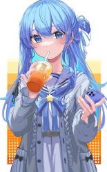 Rule 34 | 1girl, absurdres, blue eyes, blue hair, blue ribbon, blush, cellphone, colored inner hair, food, hair ornament, highres, holding, holding food, hololive, hoshimachi suisei, hoshimachi suisei (school uniform), kei-chan (ultimatekeichan), long sleeves, looking at viewer, multicolored hair, phone, ribbon, sailor collar, smartphone, sweater, two-tone hair, virtual youtuber, white background
