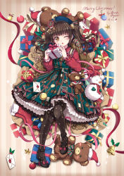 Rule 34 | 1girl, = =, ahoge, artist name, bell, blush, blush stickers, box, brown hair, christmas, dated, dress, gift, gift box, gold trim, highres, letter, lolita fashion, long sleeves, looking at viewer, merry christmas, north abyssor, one eye closed, original, pantyhose, petticoat, snowman, solo, star (symbol), star print, stuffed animal, stuffed toy, teddy bear, triangle mouth, twintails, yellow eyes