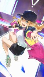 Rule 34 | 1girl, absurdres, bare legs, baseball cap, black hat, black shorts, blonde hair, blue eyes, blunt bangs, braid, breasts, commentary, floating hair, full body, green footwear, hat, highres, holding, holding microphone, hood, hooded jacket, indoors, jacket, jumping, legs up, long hair, long sleeves, looking at viewer, lucadark art, medium breasts, microphone, midair, open clothes, open hand, open jacket, open mouth, outstretched arm, paripi koumei, puffy long sleeves, puffy sleeves, shirt, shirt tucked in, shoe soles, shoelaces, shoes, short shorts, shorts, smile, sneakers, solo, stage, stage lights, teeth, tongue, tsukimi eiko, twin braids, white shirt