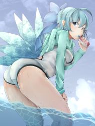 Rule 34 | 1girl, ahoge, alternate costume, aqua hair, ass, bow, cirno, clothes lift, day, drinking, drinking straw, dripping, from side, green hoodie, hair bow, hand up, highres, hood, hood down, hoodie, hoodie lift, ice, ice wings, jyaoh0731, leaning forward, long sleeves, looking at viewer, looking to the side, one-piece swimsuit, outdoors, short hair, solo, swimsuit, swimsuit under clothes, touhou, wading, water, wet, wet clothes, wet face, wet hair, wings