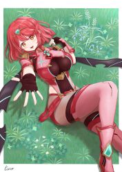 Rule 34 | 1girl, absurdres, blush, breasts, core crystal (xenoblade), covered navel, drop earrings, earrings, fingerless gloves, gloves, grass, highres, jewelry, large breasts, looking at viewer, nintendo, pantyhose, pink thighhighs, pyra (xenoblade), reaching, reaching towards viewer, red eyes, red hair, red shorts, short hair, short shorts, shorts, signature, smile, solo, super smash bros., swept bangs, taro (peach taro51), thighhighs, thighhighs over pantyhose, tiara, xenoblade chronicles (series), xenoblade chronicles 2