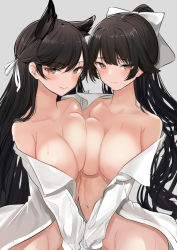 Rule 34 | 2girls, animal ears, areola slip, asymmetrical docking, atago (azur lane), azur lane, bare shoulders, black hair, blush, bow, breast press, breasts, brown eyes, closed mouth, frown, grey background, hair bow, hair ribbon, holding hands, large breasts, long hair, long sleeves, looking at viewer, mole, mole under eye, multiple girls, naked shirt, off shoulder, open clothes, open shirt, ponytail, ribbon, schreibe shura, shirt, sidelocks, simple background, smile, sweat, takao (azur lane), white bow, white ribbon, white shirt