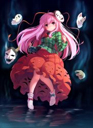 Rule 34 | 1girl, :o, blush, bow, bowtie, bubble skirt, expressionless, floating, footwear bow, fox mask, full body, green bow, green shirt, hands up, hata no kokoro, head tilt, highres, long hair, long sleeves, looking at viewer, mask, nicoby, oni mask, pink eyes, pink hair, plaid, plaid shirt, red bow, red bowtie, red skirt, shirt, shoes, skirt, solo, touhou, water, white footwear