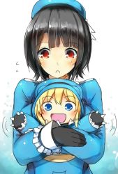 Rule 34 | 10s, 2girls, :o, age regression, aged down, alternate costume, atago (kancolle), black gloves, black hair, blonde hair, blue eyes, dinosaur costume, disguise, gloves, highres, kantai collection, looking at another, looking at viewer, military, military uniform, multiple girls, open mouth, red eyes, sakesakana (korezyanai), short hair, takao (kancolle), uniform, waving arms