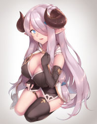 Rule 34 | 10s, 1girl, :d, asymmetrical gloves, black gloves, black thighhighs, blue eyes, bottomless, braid, breasts, cleavage, draph, elbow gloves, eyelashes, full body, gloves, granblue fantasy, grey background, hair ornament, hair over one eye, heart, highres, horns, hsuliherng, lace trim, large breasts, light purple hair, long hair, looking at viewer, narmaya (granblue fantasy), one eye covered, open mouth, pointy ears, purple hair, seiza, single braid, single thighhigh, sitting, sleeveless, smile, solo, thigh strap, thighhighs, uneven gloves, very long hair
