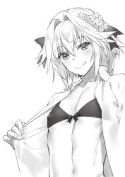 Rule 34 | 1boy, ;q, arm at side, astolfo (fate), bikini, bikini top only, black bikini, black bow, blush, bow, bow bikini, braid, clothes pull, collarbone, collared shirt, covered erect nipples, dress shirt, eyelashes, fate/apocrypha, fate/grand order, fate (series), fingernails, flashing, flower, greyscale, hair between eyes, hair flower, hair intakes, hair ornament, hair ribbon, half-closed eyes, hand up, head tilt, licking lips, long hair, looking at viewer, male focus, midriff, monochrome, navel, one eye closed, onigiri-kun (demmy), open clothes, open shirt, pulling own clothes, ribbon, shirt, shirt pull, simple background, single braid, smile, swimsuit, tongue, tongue out, trap, upper body, white background, white shirt