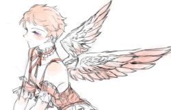 Rule 34 | 1boy, alternate costume, androgynous, angel, angel wings, chukapong, closed mouth, dress, ensemble stars!, expressionless, facing to the side, feathered wings, gloves, grey background, highres, itsuki shu, lace, looking at viewer, male focus, pink dress, pink hair, purple eyes, short hair, sketch, solo, white gloves, wings