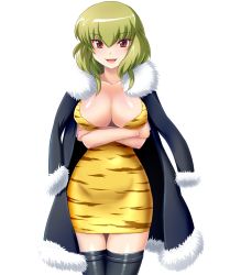 Rule 34 | 1girl, animal print, breasts, brown eyes, cleavage, crossed arms, dha, dress, green hair, highres, jacket, kami nomi zo shiru sekai, kasuga hinoki, large breasts, open clothes, open jacket, open mouth, solo, thighhighs, tiger print, transparent background, zettai ryouiki