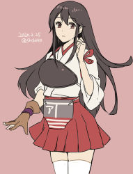 Rule 34 | 1girl, akagi (kancolle), black hair, brown eyes, brown gloves, closed mouth, cowboy shot, dated, gloves, hand up, kantai collection, kasumi (skchkko), long hair, looking at viewer, muneate, partially fingerless gloves, pink background, pleated skirt, red skirt, simple background, skirt, solo, thighhighs, twitter username, white thighhighs