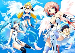 Rule 34 | 3girls, :d, armpits, astraea (sora no otoshimono), black legwear, black sleeves, blonde hair, blue eyes, blue hair, blue legwear, blue skirt, blue sky, bow, breasts, brown hair, closed mouth, day, detached sleeves, dress, elbow gloves, feathers, floating hair, flying, garter straps, gloves, gradient hair, green eyes, hair between eyes, hair bow, highres, ikaros, large breasts, long hair, long sleeves, looking at viewer, low-tied long hair, midriff, miniskirt, multicolored hair, multiple girls, navel, nymph (sora no otoshimono), open mouth, outdoors, parted lips, pink feathers, pink hair, pleated skirt, red eyes, sakurai tomoki, short dress, short hair, side slit, skirt, sky, sleeveless, sleeveless dress, small breasts, smile, sora no otoshimono, stomach, thighhighs, twintails, v-shaped eyebrows, very long hair, w, watanabe yoshihiro, white bow, white dress, white gloves, white skirt, white wings, wings, zettai ryouiki
