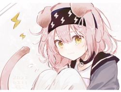 Rule 34 | 1girl, animal ears, arknights, black choker, black hairband, blush, braid, cat ears, cat girl, cat tail, choker, closed mouth, dated, figmnts, goldenglow (arknights), grey background, hairband, knees up, letterboxed, lightning bolt print, lightning bolt symbol, long hair, looking at viewer, pink hair, side braid, signature, sitting, solo, tail, tearing up, upper body, white legwear, yellow eyes
