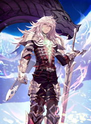 Rule 34 | 1boy, armor, closed mouth, cloud, commentary request, dark skin, dark-skinned male, dragon, eis, expressionless, fate/apocrypha, fate (series), from below, gauntlets, glowing, glowing tattoos, greaves, green eyes, highres, long hair, male focus, pauldrons, shoulder armor, shoulder pads, siegfried (fate), sky, tattoo, white hair