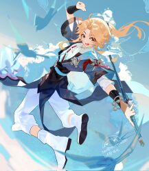 Rule 34 | 1boy, androgynous, armlet, blonde hair, bracelet, chinese clothes, cloud, cloudy sky, corrupted twitter file, highres, holding, holding sword, holding weapon, honkai: star rail, honkai (series), jewelry, jian (weapon), long hair, looking at viewer, miemiebei, open mouth, pants, ponytail, short sleeves, sky, sword, trap, weapon, white footwear, white pants, yanqing (honkai: star rail), yellow eyes