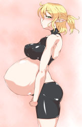 Rule 34 | 1girl, bike shorts, blonde hair, blush, breasts, covered erect nipples, green eyes, highres, large breasts, looking at viewer, mizuhashi parsee, pandain, pointy ears, pregnant, profile, short hair, solo, touhou