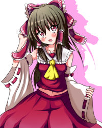 Rule 34 | 1girl, arm up, ascot, bad id, bad pixiv id, black hair, blush, bow, collarbone, colored shadow, detached sleeves, hair bow, hair tubes, hakurei reimu, head tilt, long hair, looking at viewer, midriff, navel, open mouth, red eyes, shadow, sidelocks, simple background, skirt, skirt set, solo, tonakai (bunsuka), touhou, white background