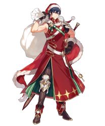 Rule 34 | 1boy, armor, asymmetrical sleeves, blue eyes, blue hair, cape, chrom (fire emblem), chrom (winter) (fire emblem), ebira, fire emblem, fire emblem awakening, fire emblem heroes, full body, fur trim, gloves, hand on own hip, hat, highres, holding, looking at viewer, male focus, nintendo, official art, sack, santa costume, santa hat, short hair, shoulder armor, sleeveless, solo, sword, tattoo, thighhighs, transparent background, uneven sleeves, weapon