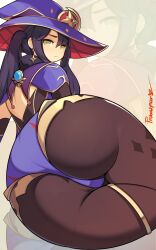 Rule 34 | 1girl, :/, ass, ass focus, black hair, brown pantyhose, genshin impact, green eyes, hat, highres, long hair, looking back, mona (genshin impact), no nose, pantyhose, probably noon, signature, sitting, solo, thighlet, twintails, witch hat, zoom layer