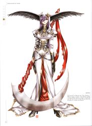 Rule 34 | 1girl, absurdres, corset, full body, growlanser, hair over one eye, head wings, highres, melvina (growlanser), official art, scan, simple background, solo, standing, thighhighs, urushihara satoshi, white background, wings