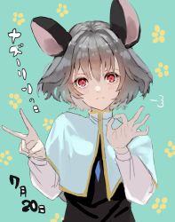 Rule 34 | 1girl, animal ears, blue background, capelet, daisy, expressionless, floral background, flower, grey hair, highres, looking at viewer, mouse ears, nanasuou, nazrin, ok sign, paw print, paw print background, simple background, solo, touhou, v