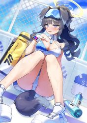 Rule 34 | 1girl, absurdres, animal ears, bare shoulders, black hair, blue archive, blue eyes, blue sky, blush, bottle, breasts, chain-link fence, cheerleader, cleavage, crop top, dog ears, dog girl, dog tail, eyewear on head, fang, fence, goggles, goggles on head, halo, hibiki (blue archive), hibiki (cheer squad) (blue archive), highres, large breasts, long hair, looking at viewer, millennium cheerleader outfit (blue archive), panties, pantyshot, pom pom (cheerleading), sbgu, shoes, sitting, skirt, sky, solo, sweat, tail, thighs, underwear, water bottle, wet