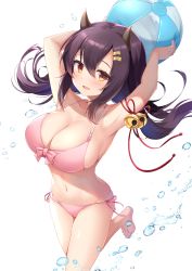 Rule 34 | 1girl, amakarashi, armpits, arms up, azur lane, ball, barefoot, beachball, bell, bikini, black hair, breasts, brown eyes, cleavage, collarbone, commentary request, commission, feet, hair between eyes, hair ornament, hairclip, highres, holding, holding ball, horns, large breasts, long hair, looking at viewer, nagara (azur lane), navel, open mouth, pink bikini, pixiv commission, revision, side-tie bikini bottom, sidelocks, simple background, smile, solo, standing, standing on one leg, stomach, swimsuit, toes, water drop, white background