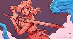 Rule 34 | 1girl, belt, breasts, brellom, cleavage, creature, cross, cyclops, earrings, english text, fighting stance, floating hair, freckles, genderswap, genderswap (mtf), ghost, grin, hat, highres, holding, holding sword, holding weapon, jewelry, large breasts, link, master sword, monster, nintendo, one-eyed, pointy ears, smile, spirit, sword, the legend of zelda, weapon