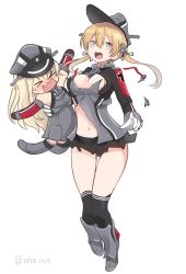 Rule 34 | 1girl, ahenn, aqua eyes, bad anatomy, bad perspective, bismarck (kancolle), black skirt, black thighhighs, blonde hair, blush, breasts, character doll, gloves, hair between eyes, hat, kantai collection, large breasts, long hair, long sleeves, low twintails, military, military hat, military uniform, open mouth, pleated skirt, prinz eugen (kancolle), simple background, skirt, solo, thighhighs, torn clothes, twintails, twitter username, uniform, white background, white gloves