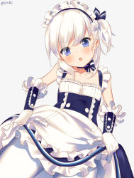 Rule 34 | 1girl, :o, aged down, apron, azur lane, blue bow, blue eyes, blush, bow, breasts, collarbone, cowboy shot, dress, frilled gloves, frilled skirt, frills, gloves, little bel (azur lane), looking at viewer, maid, maid apron, maid headdress, one side up, open mouth, pantyhose, ribbon, simple background, skirt, skirt hold, sleeveless, small breasts, solo, standing, supershiruco, twitter username, v-shaped eyebrows, waist apron, white background, white gloves, white hair, white pantyhose