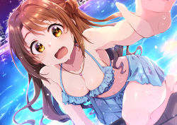 Rule 34 | 1girl, bare arms, bare shoulders, barefoot, bikini, bikini skirt, blue bikini, blush, breasts, brown hair, cleavage, climbing, collarbone, commentary request, dutch angle, feet out of frame, floral print, frilled bikini, frills, hair intakes, halterneck, hand up, highres, idolmaster, idolmaster cinderella girls, jewelry, long hair, looking at viewer, medium breasts, navel, necklace, night, one side up, open mouth, outdoors, outstretched arm, pendant, pool, poolside, print bikini, reaching, reaching towards viewer, shimamura uzuki, sidelocks, solo, sparkle, swimsuit, water, water drop, wavy hair, wavy mouth, wet, wet hair, yellow eyes, yusuka yuu