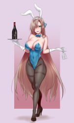 Rule 34 | 1girl, alcohol, animal ears, asuna (blue archive), bare shoulders, black footwear, black pantyhose, blue archive, blue eyes, blue leotard, breasts, brown hair, champagne, cleavage, collar, fake animal ears, full body, gloves, gradient background, hair over one eye, hair ribbon, hevn, high heels, highres, large breasts, leotard, long hair, looking at viewer, open mouth, pantyhose, purple background, rabbit ears, ribbon, smile, solo, standing, strapless, strapless leotard, tray, white gloves