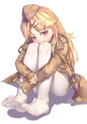 Rule 34 | 1girl, absurdres, bad id, bad pixiv id, blonde hair, blush, brown hat, brown jacket, bullet, cheek squash, closed mouth, commentary request, feet, garrison cap, girls&#039; frontline, hair ornament, hairclip, hat, highres, holding, hugging own legs, jacket, long hair, long sleeves, m1919a4 (girls&#039; frontline), no shoes, pantyhose, parted bangs, purple eyes, ray (pixiv9514208), shadow, sleeves past wrists, smile, solo, very long hair, white background, white pantyhose